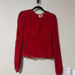 FARM Rio Pleated Peplum Red Blouse Size S Long Sleeve